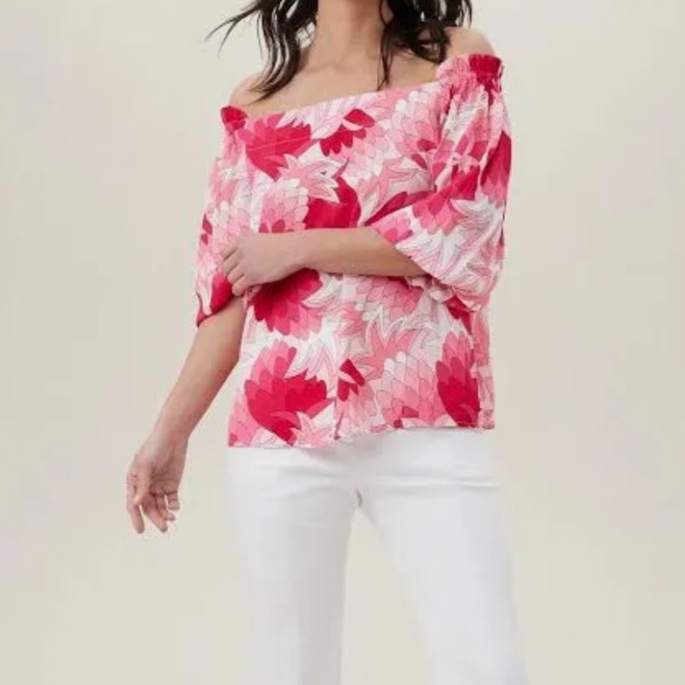 NWT Trina Turk Equinox 2 Off Shoulder  Top Flower Child Pink and Red Pattern - Picture 2 of 6